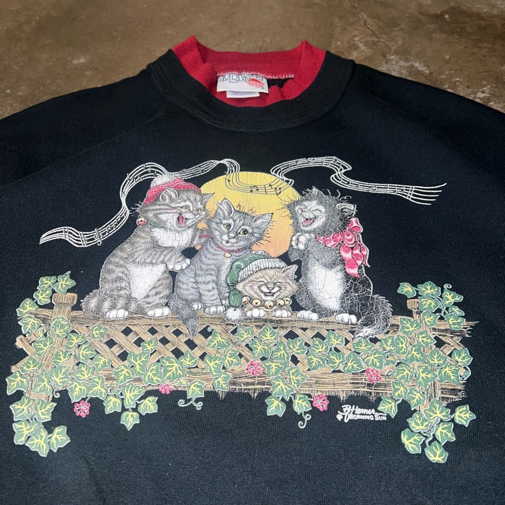 Vintage 90s Graphic Cat Singing Morning Sun Made In USA Double Collared Crewneck